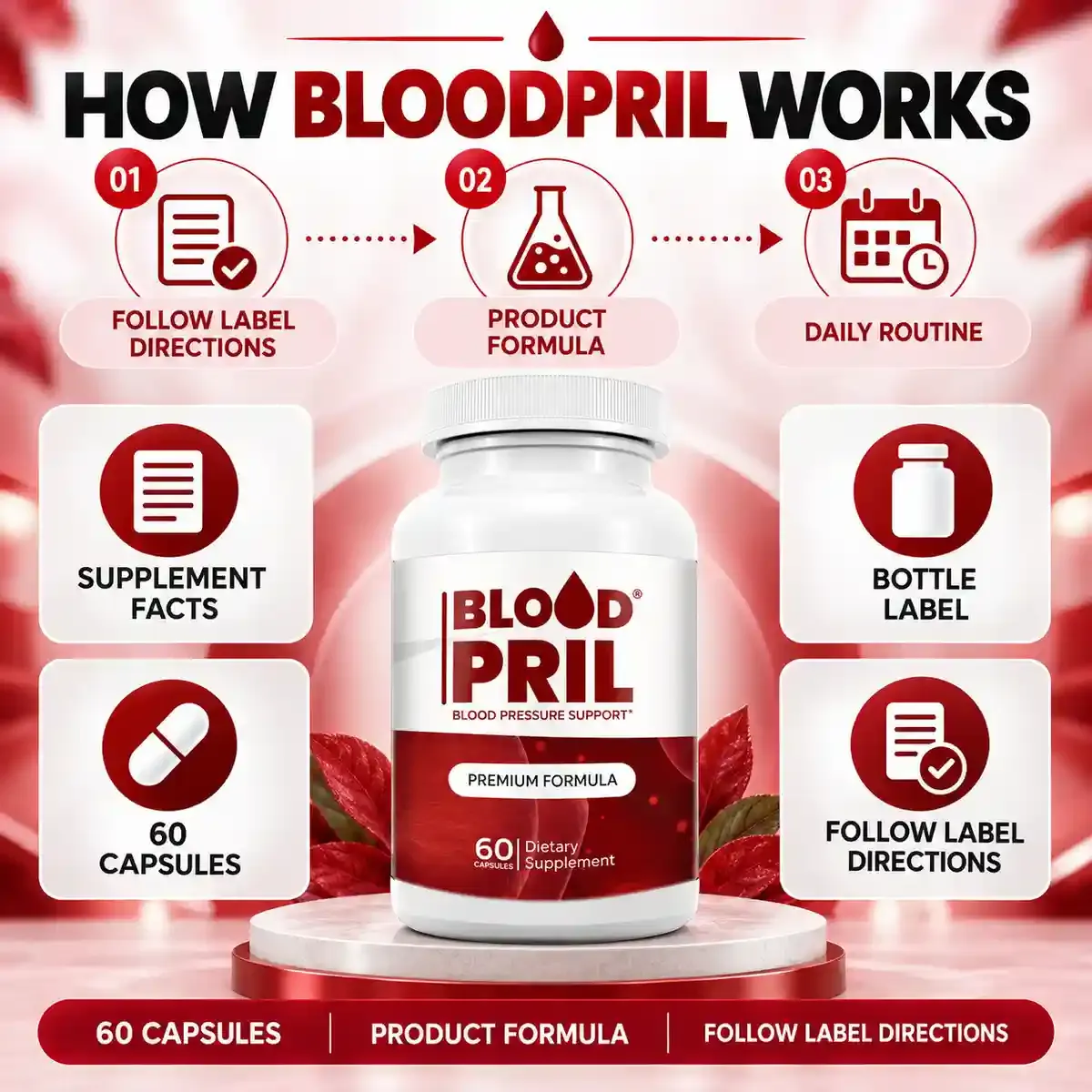 How BloodPril works graphic from the brand: follow label directions, product formula, daily routine, 60 capsules