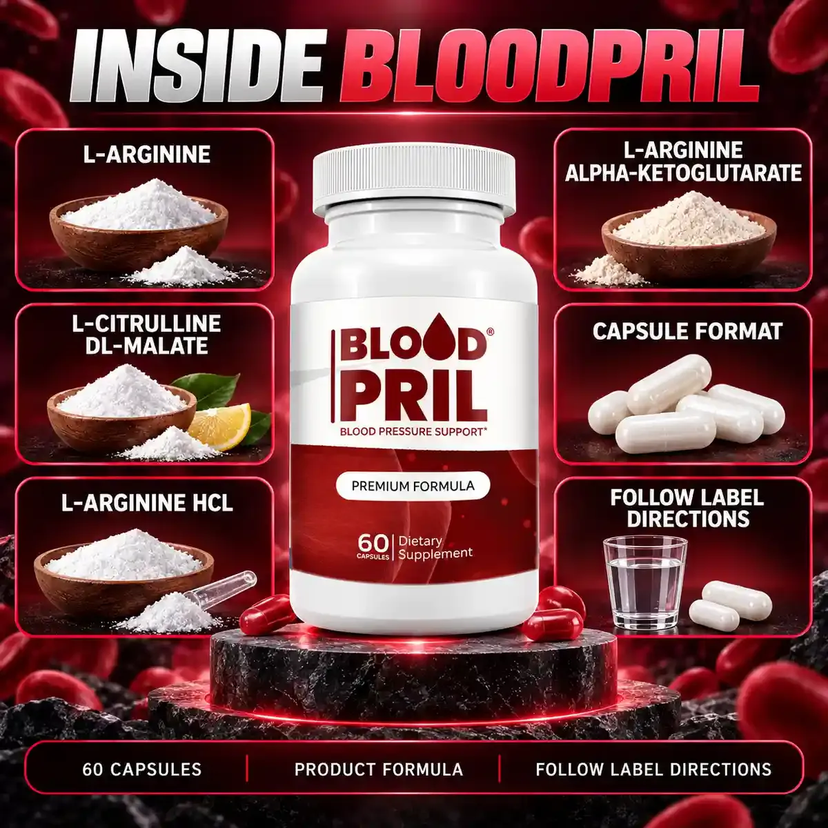 Inside BloodPril graphic from the brand: L-arginine, L-arginine alpha-ketoglutarate, L-citrulline DL-malate, L-arginine HCL and capsule format around a bottle