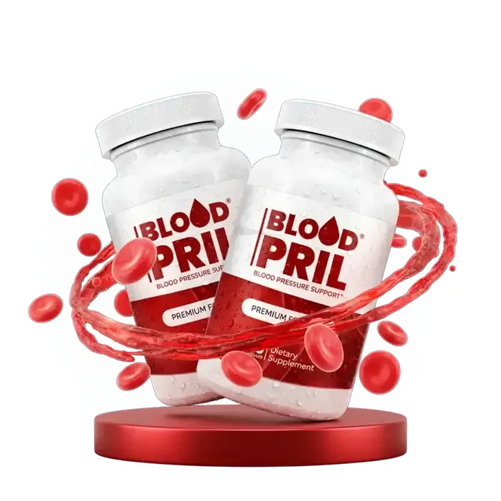 Two BloodPril bottles on a red stand with a swirl of red blood cells