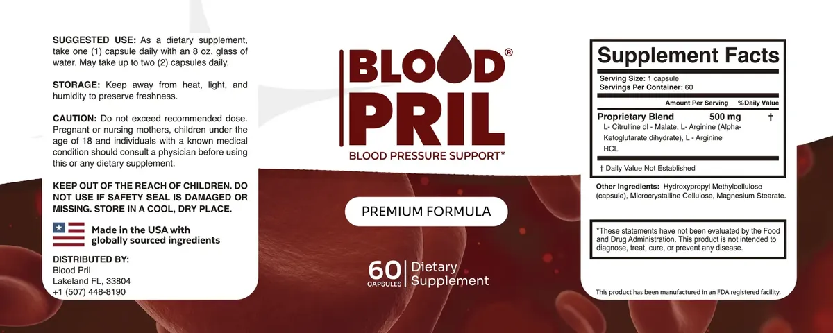 Full BloodPril label: suggested use, caution, front panel and Supplement Facts with the 500 mg proprietary blend